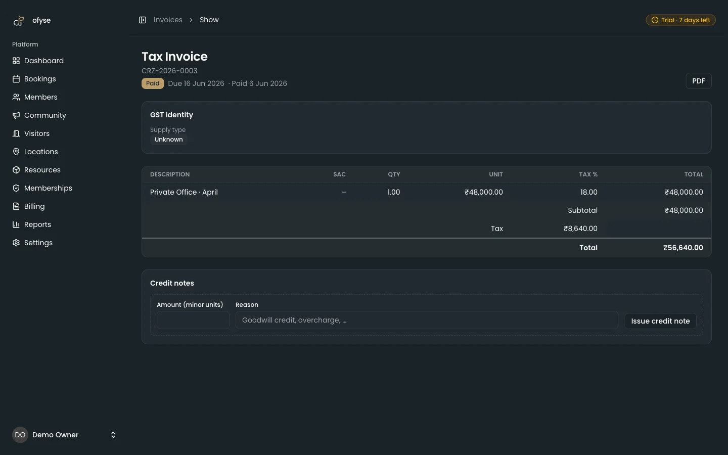 ofyse invoice detail with line items and tax breakdown