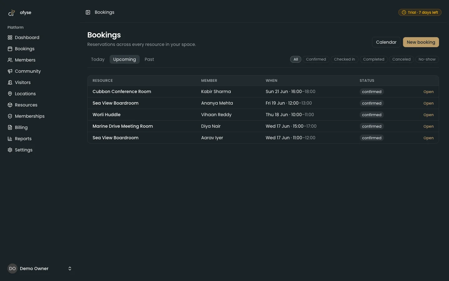 ofyse bookings calendar showing rooms and desk reservations