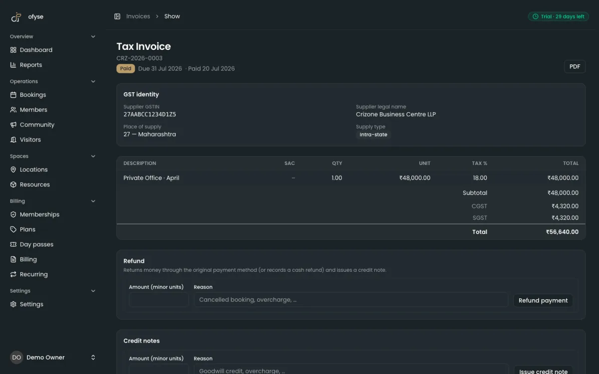 An intra-state coworking invoice split into CGST and SGST at 9% each