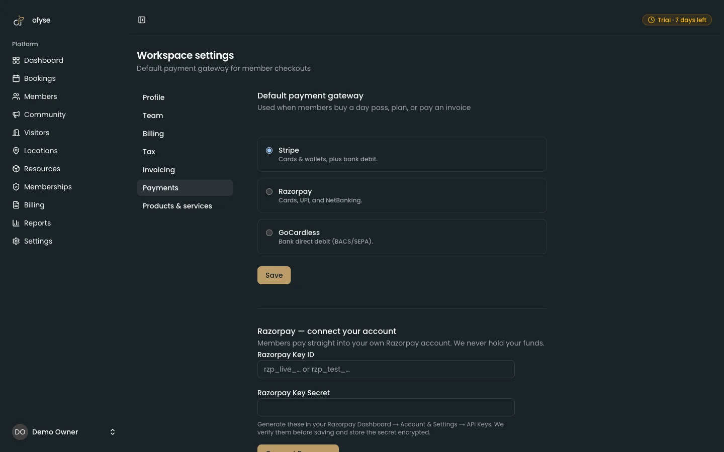 ofyse payment settings with connected gateways